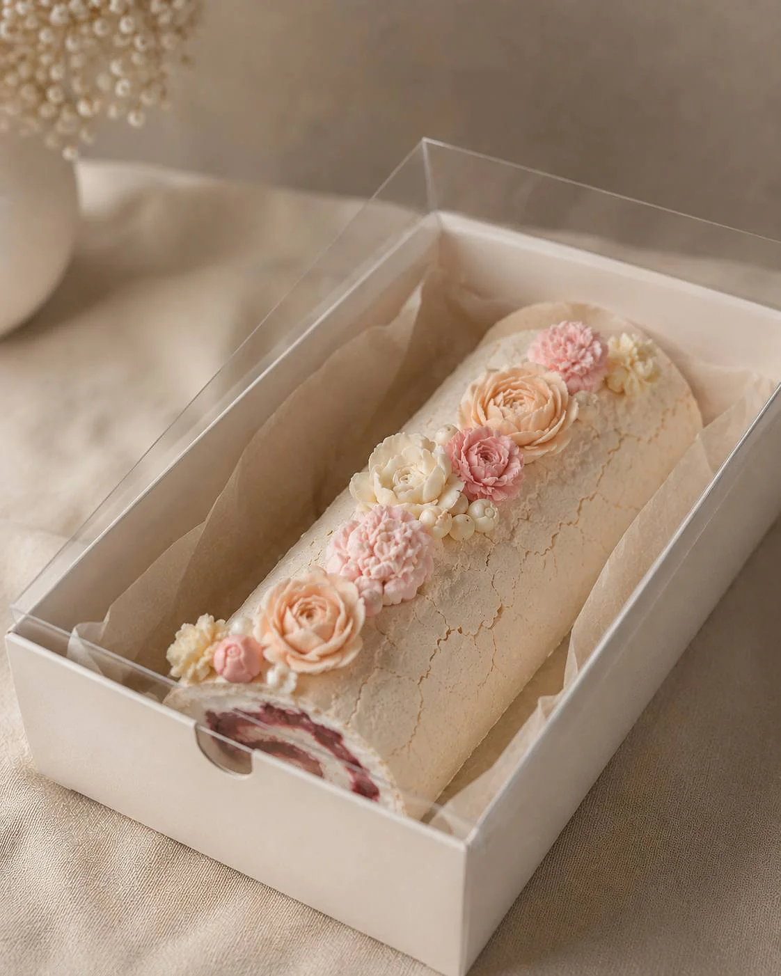 Meringue roll with flowers