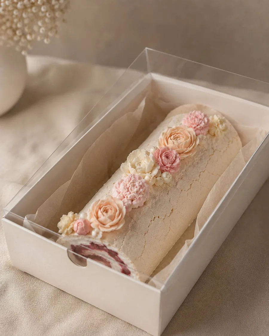 Meringue roll with flowers